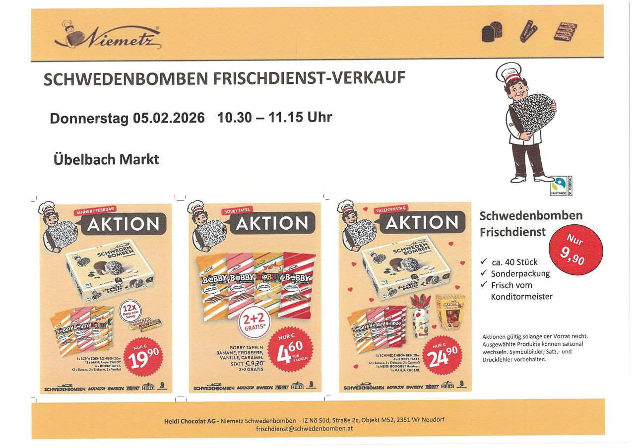 Werbeposter für den Schweden Bombom Frischdienst-Verkauf am 05.02.2026 von 10:30 bis 11:15 Uhr. Beinhaltet Sonderangebote mit Cartoon-Charakteren, Schokoladenverpackungen und einer Kochillustration. Der Poster listet mehrere Artikel mit Preisen und Rabatten auf.