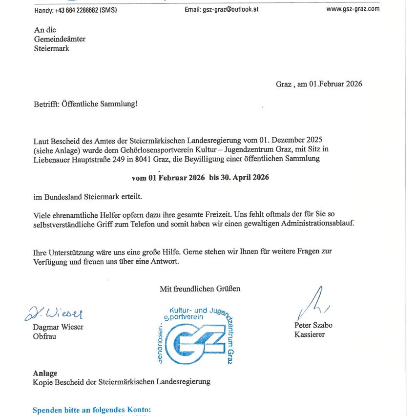 Amtlicher Bescheid aus Graz, Steiermark, vom 1. Februar 2026, erteilt dem Kultur-Jugendzentrum Graz die Genehmigung für eine öffentliche Versammlung vom 1. Februar 2026 bis 30. April 2026. Der Bescheid schließt eine Spendenaufforderung für ein Raiffeisenbank-Konto ein. Unterzeichnet von Dagmar Wieser und Peter Szabo.