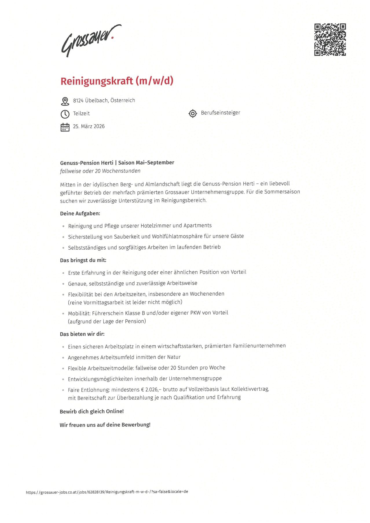 Stellenangebot für Reinigungskraft bei Genuss-Pension Herti in Überbach, Österreich, mit Aufgaben wie Reinigung von Hotelzimmern und Apartments, Sicherstellung von Sauberkeit und Wohlfühlatmosphäre für Gäste und selbstständiges Arbeiten im Reinigungsbereich. Vorteile sind erste Erfahrung, flexible Arbeitszeiten und Mobilitätszulage. Bewirb dich gleich online.