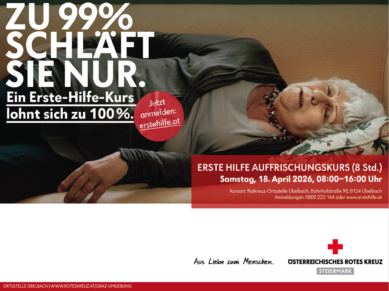 Werbeplakat für einen Erste-Hilfe-Kurs am 18. April 2026. Es zeigt eine ältere Frau liegend mit Textüberlagerung, die 99% Deckung angibt.