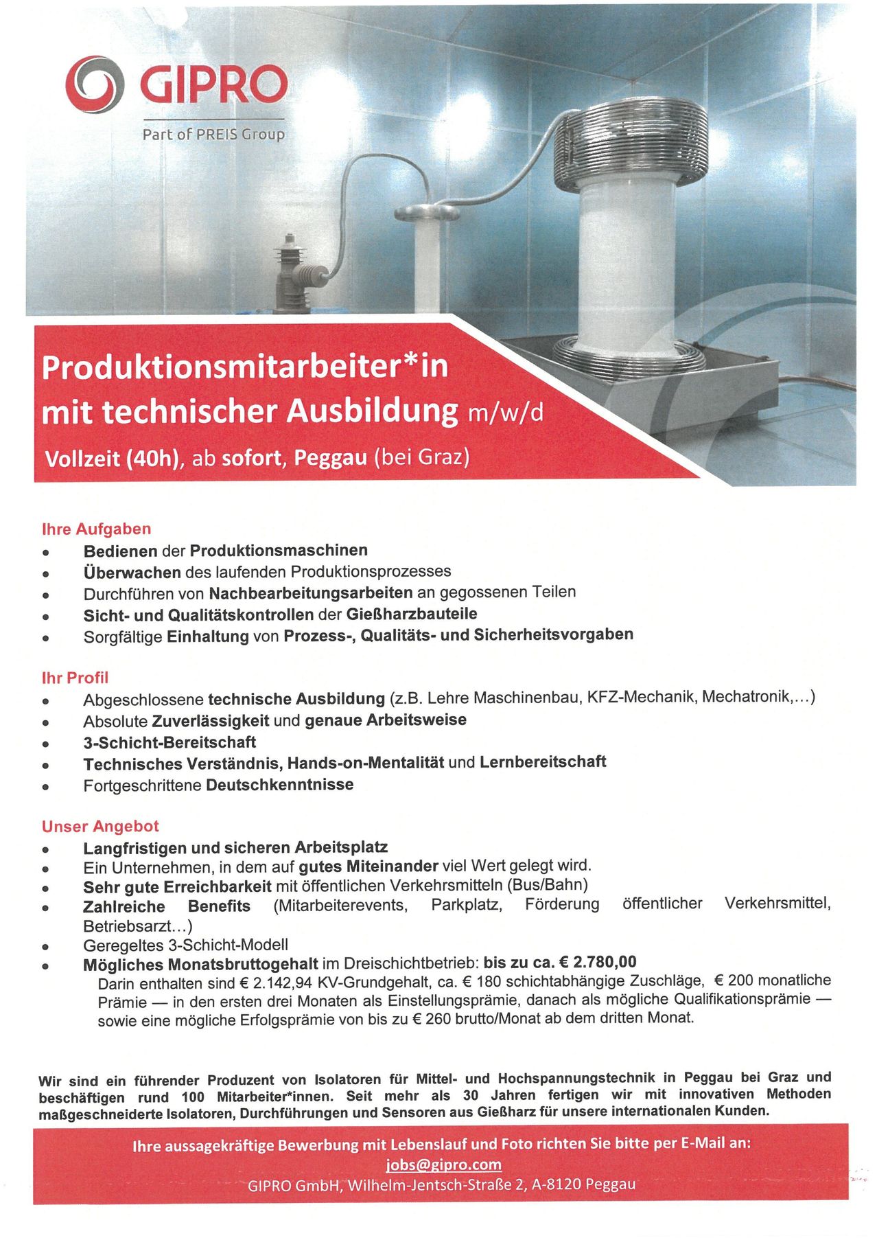 Job posting for production workers with technical training, full-time, Peggau (near Graz). Tasks include operating machines, monitoring production, inspecting parts, and ensuring quality and safety. Requirements include technical education, reliability, three-shift availability, technical skills, hands-on mentality, and advanced German. Benefits include a long-term, secure workplace, good commute options, numerous perks, three-shift model, potential monthly gross income up to €2,780, and additional bonuses.