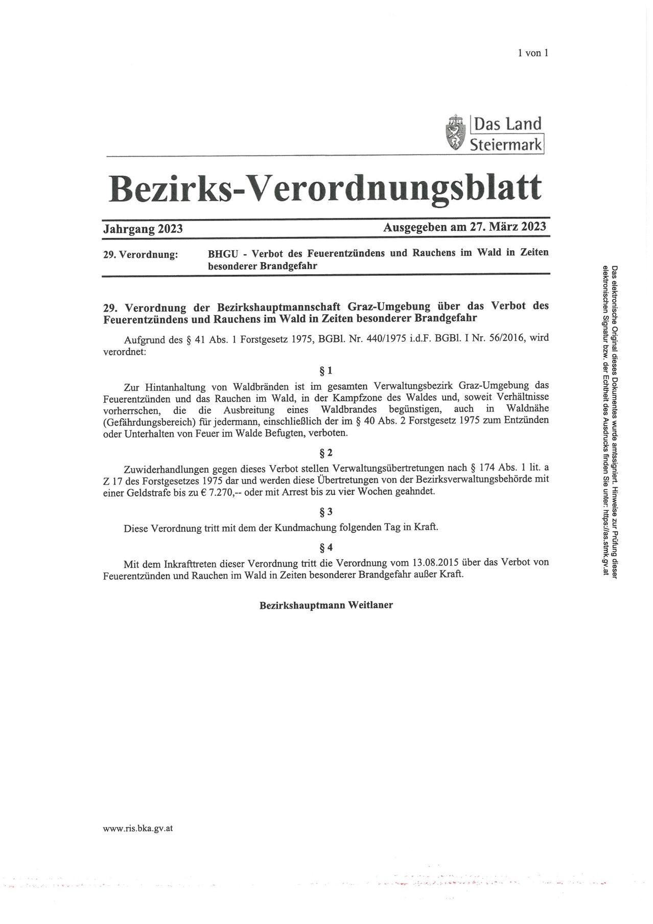 Official ordinance from 2023 regarding the prohibition of lighting fires and smoking in forests during periods of high fire risk. This ordinance is effective from the day after its publication.