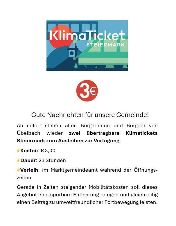 Poster with the title Klimaticket Steiermark, 3€. Available tickets for citizens. Available during opening hours in Market Hall.