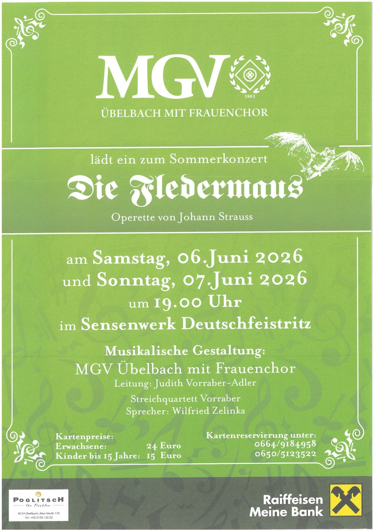 Poster for the Die Fledermaus opera performance by Johann Strauss, presented by MGV Ubelbach with Frauenchor, on June 6 and 7, 2026 at 7 PM in Sensenwerk Deutschfeistritz.