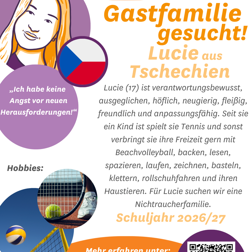 Poster seeking a host family for Lucie, a 17-year-old from Czech Republic. Lucie enjoys tennis, reading, and roller skating. Seeking a non-smoking family.