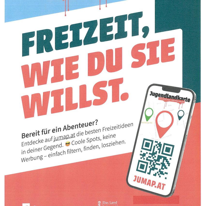 Werbeposter für 'Jumap.at', eine Plattform zur Entdeckung lokaler Freizeitaktivitäten. Zeigt ein Handy mit QR-Code, was auf einfaches Entdecken von Freizeitorten hinweist. Text 'Freizeit, wie du willst' ermutigt zur freien Wahl der Freizeitgestaltung.