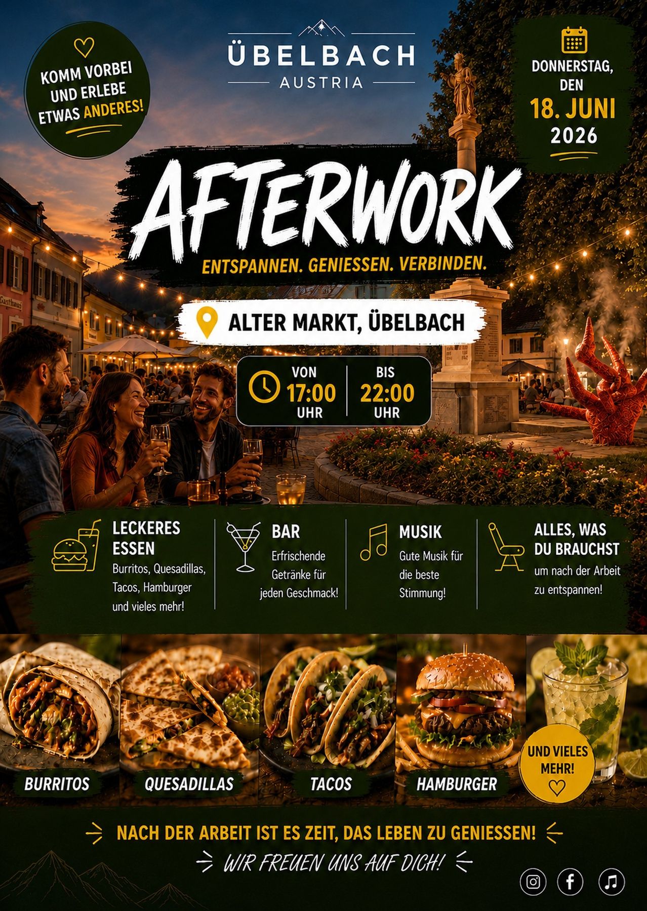 Afterwork-Veranstaltung am Alter Markt, Ubelbach. 2026. Entspannen, genießen, verbinden. Von 17:00 bis 22:00 Uhr. Leckeres Essen, Bar, Musik und mehr.