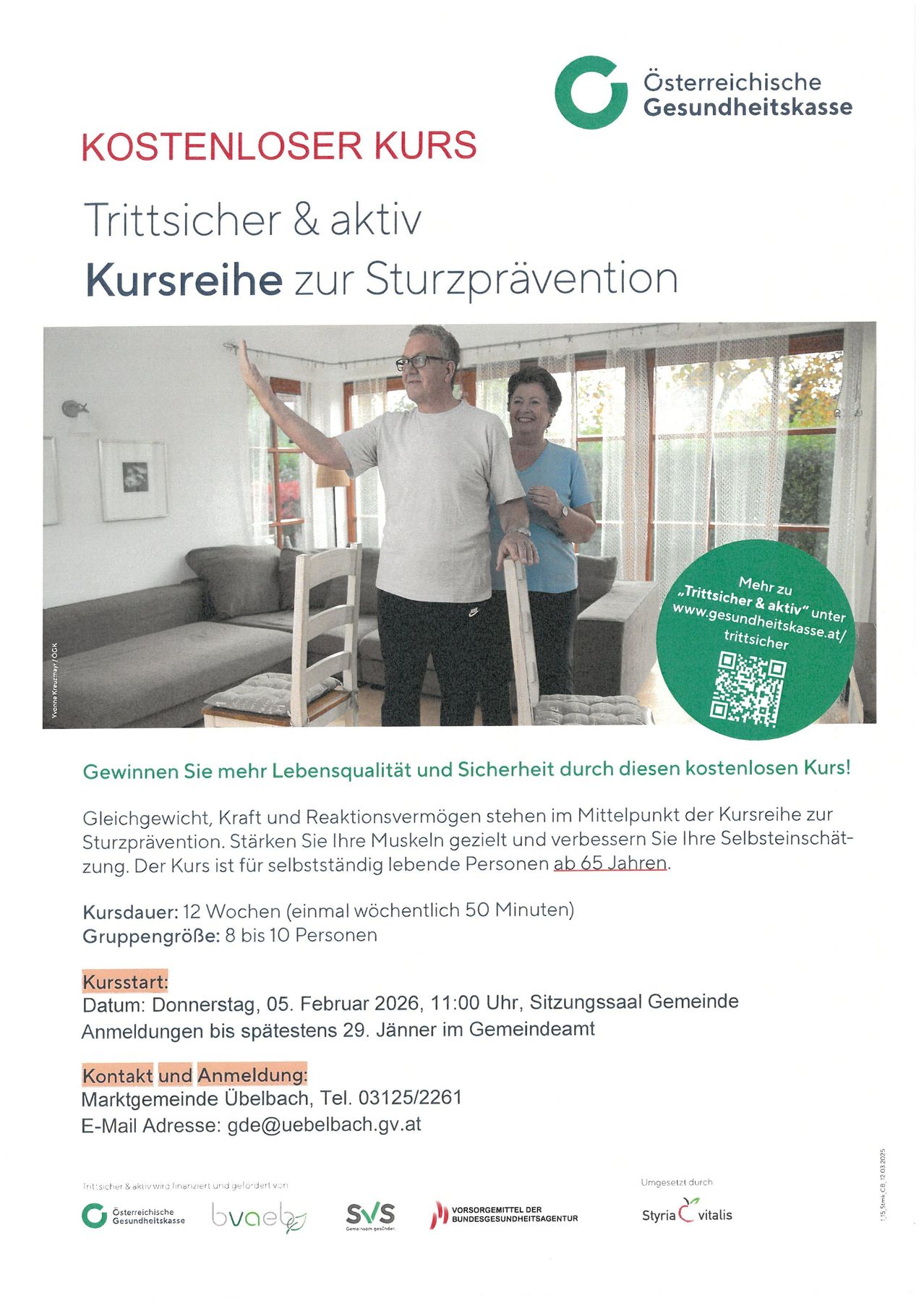 An advertisement for a free fall prevention course. A man and woman stand in a room with a chair and couch. The course is for individuals over 65. It runs for 12 weeks, once a week for 50 minutes. Registration deadline is January 29.