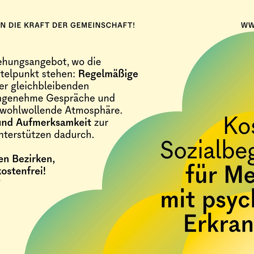 An image with a beige background featuring text in bold, yellow font. The text reads, 'Regelmäßige Gespräche und Wohlwollende Atmosphäre'. Below, there's a phrase in green, 'Sozialbegünstigt, für Menschen mit psychischen Erkrankungen, kostenfrei!'. A website link 'www' is visible at the top right.