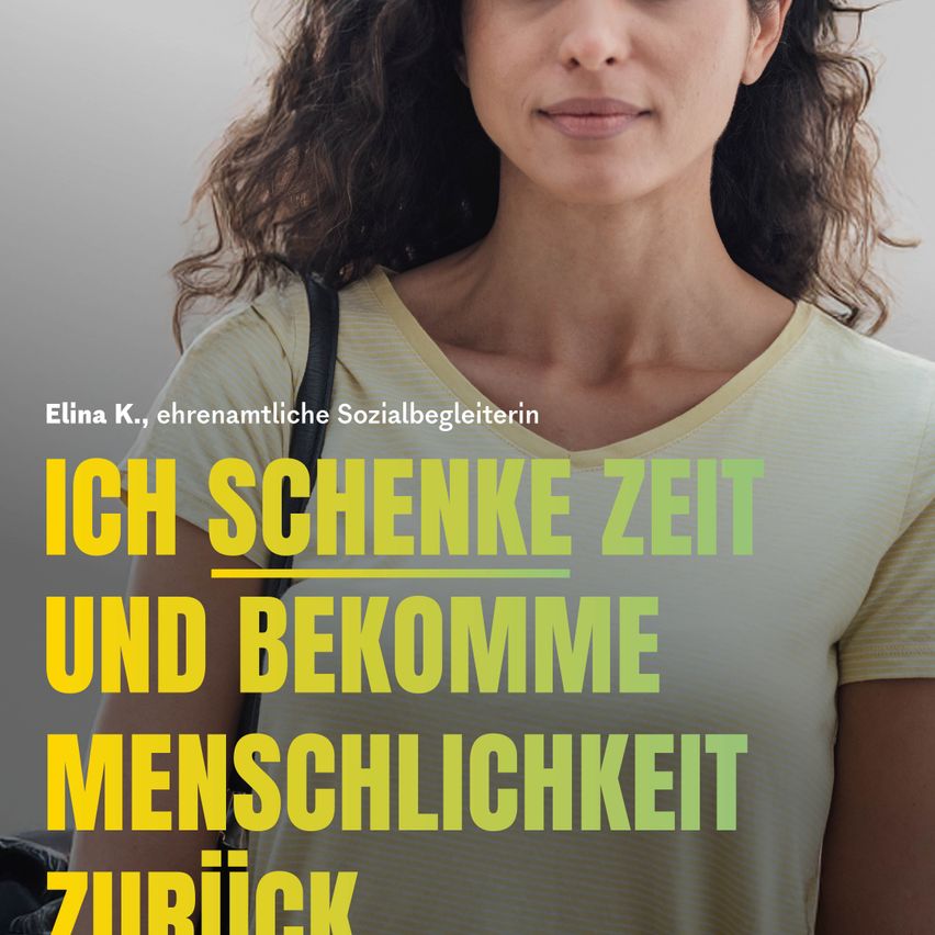 A woman named Elina K, a social worker, stands with a serious expression, wearing a white shirt with green text that reads 'I GIVE TIME AND RECEIVE HUMANITY BACK.'