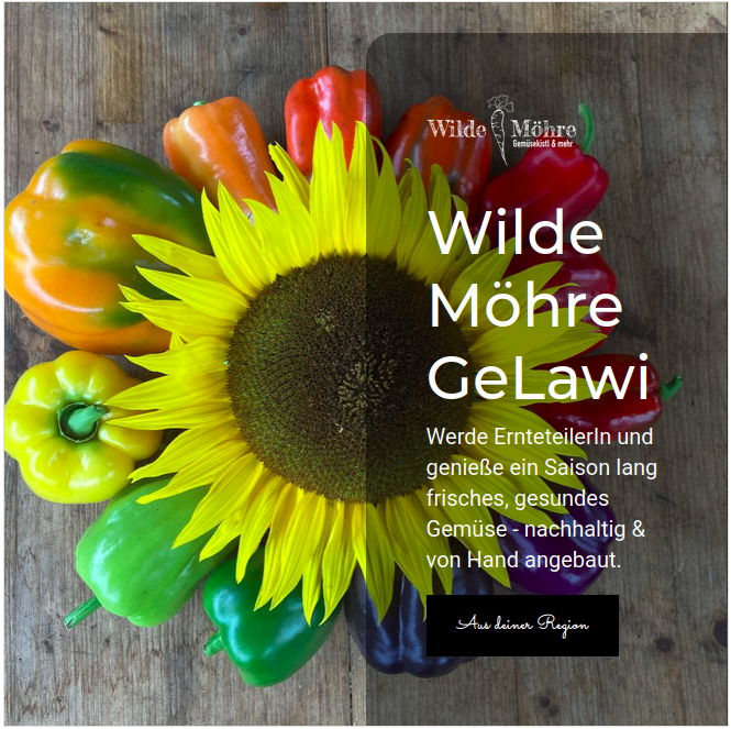 Ein Plakat zeigt eine Sonnenblume, umgeben von verschiedenen farbigen Paprikaschoten. Der Titel lautet 'Wilde Möhr GeLawi'. Unter der Sonnenblume befindet sich ein Slogan über frisches, nachhaltig angebautes Gemüse.