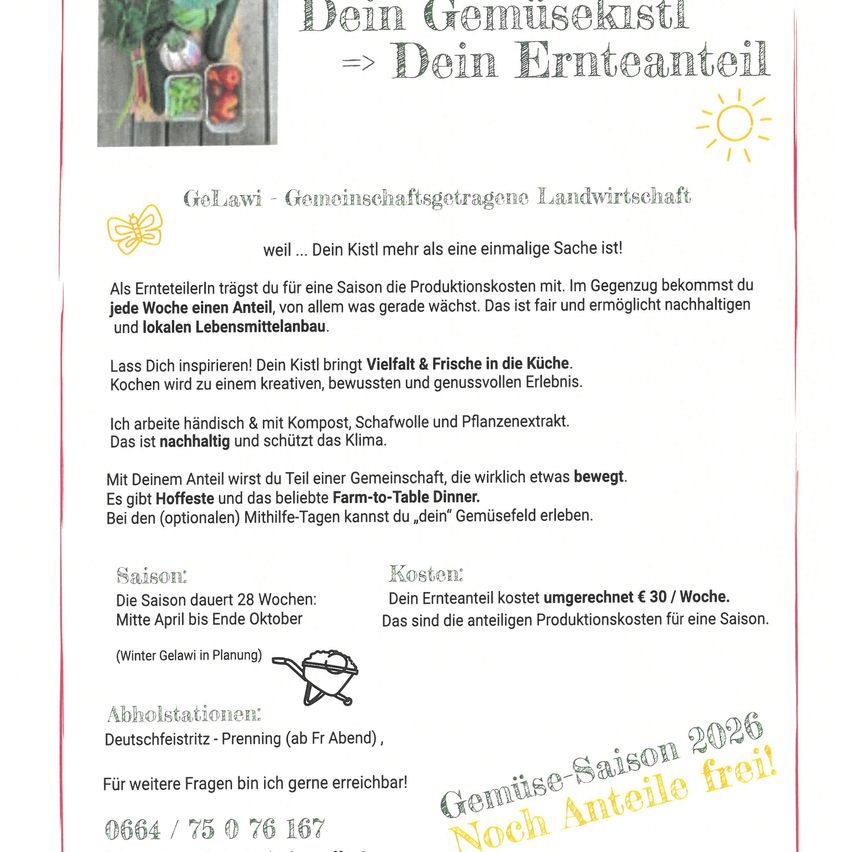 Ein Werbeflyer für GeLawi gemeinschaftsgetragene Landwirtschaft. Es erklärt, dass Ihr Kasten mehr als ein einzelner Gegenstand ist. Sie tragen ihn für eine Saison und teilen die Produktionskosten. Sie erhalten wöchentlich einen Teil von dem, was gerade wächst. Es ist fair und ermöglicht nachhaltige und lokale Lebensmittel.