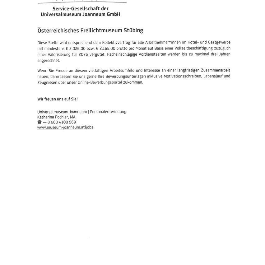 Job posting for a service company at the Austrian Leisure Museum in Stübing, offering a full-time position with benefits and a competitive salary. Interested applicants should submit their application online.