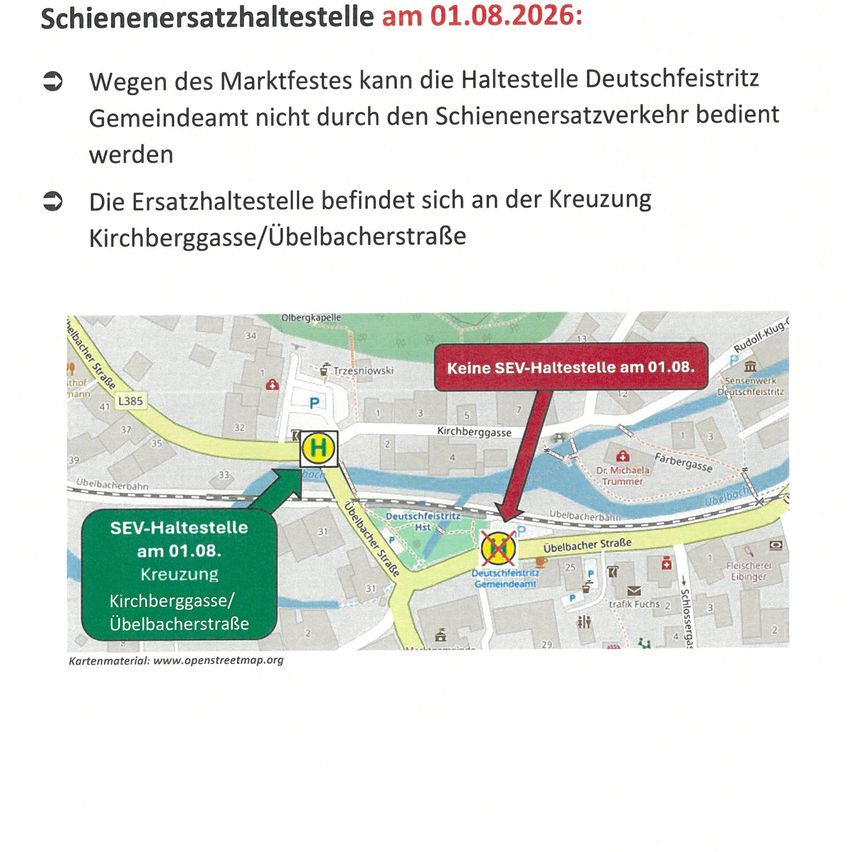 Eine Karte zeigt den Standort des S-Bahn-Haltepunkts an der Kreuzung Kirchberggasse und Ubelbacher Strasse. Die Karte weist darauf hin, dass die reguläre Haltestelle am 1. August 2026 aufgrund eines Marktfestes nicht verfügbar ist. Eine alternative Haltestelle ist an derselben Kreuzung verfügbar.