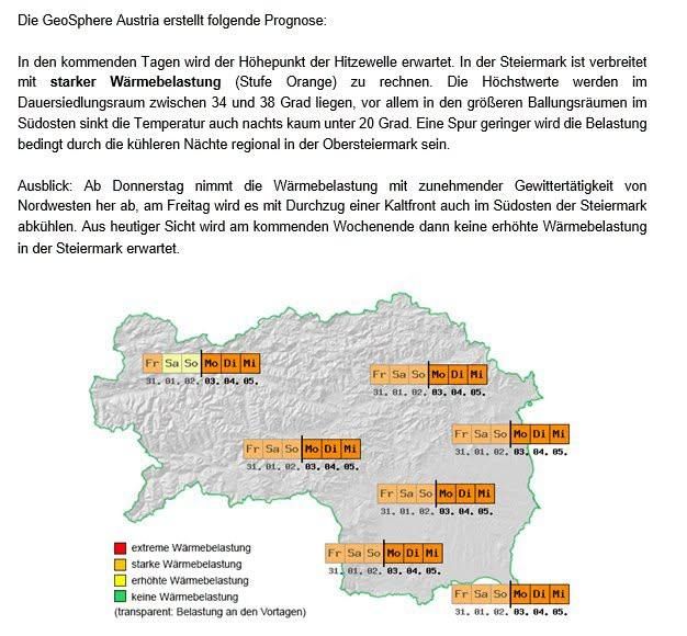 Eine Wetterkarte der Steiermark zeigt Temperaturbereiche und Wärmebelastungsstufen. Die Karte weist Bereiche mit starker Wärmebelastung in Orange, mäßiger in Gelb und niedriger in Grün aus. Die Vorhersage sagt hohe Temperaturen in den kommenden Tagen voraus.