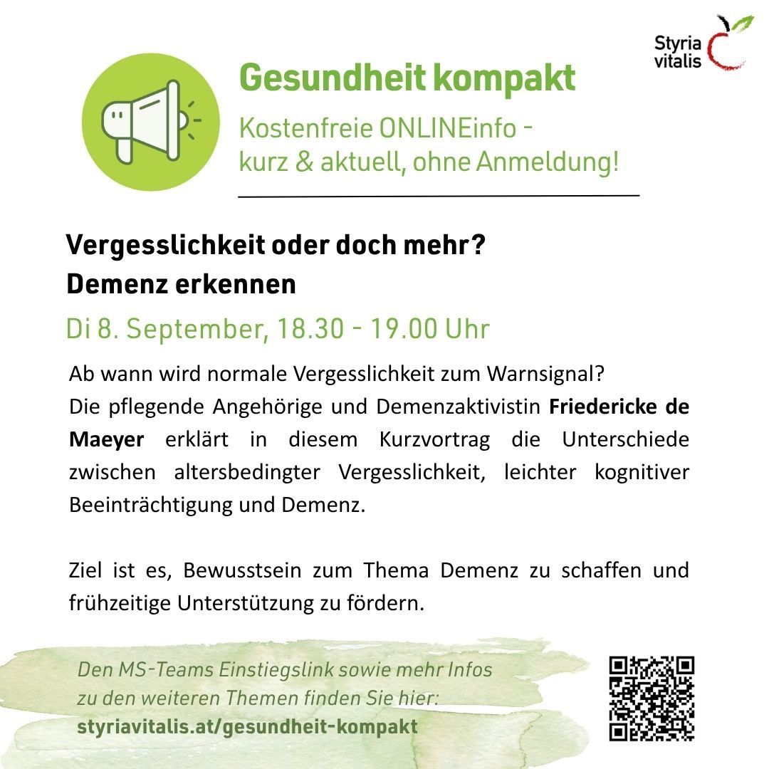 Ein Informationsposter zum Thema Demenz erkennen, mit einem Lautsprechersymbol, einem Datum und einem QR-Code. Der Titel des Posters lautet 'Gesundheit kompakt' und enthält eine kurze Beschreibung in deutscher Sprache.