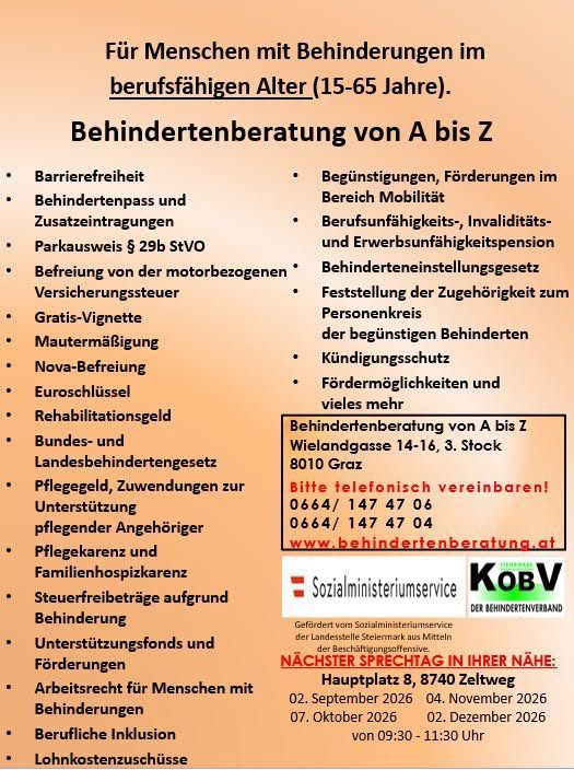 Ein Plakat mit einer Liste von Dienstleistungen für Menschen mit Behinderungen, einschließlich barrierefreiem Zugang, Vorteilen und Unterstützung. Das Plakat enthält auch Kontaktinformationen für weitere Hilfe.