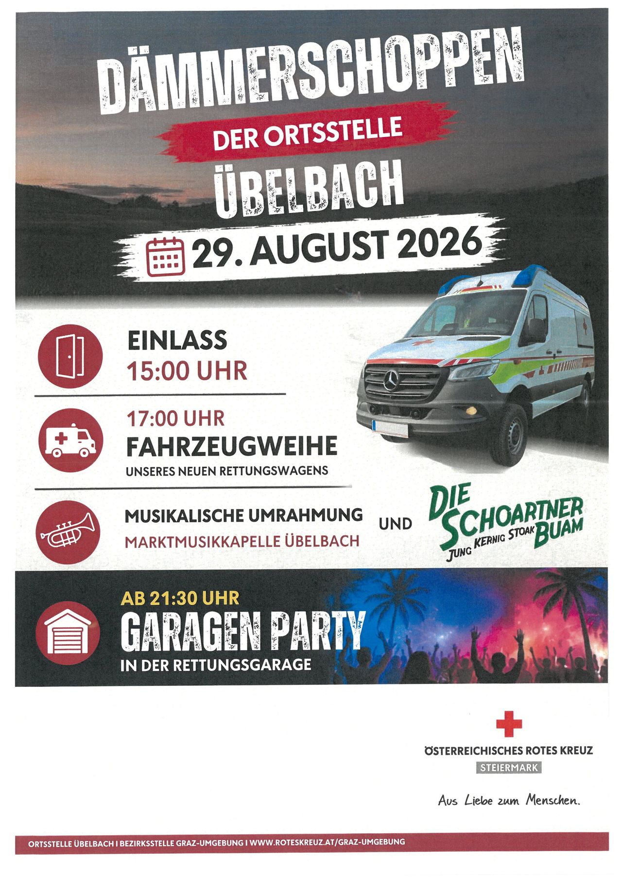 Plakat für Ubelbach-Veranstaltung am 29. August 2026. Zeigt einen Krankenwagen, eine Musikkapelle und eine Garagenparty. Zeiten und Aktivitäten aufgelistet.