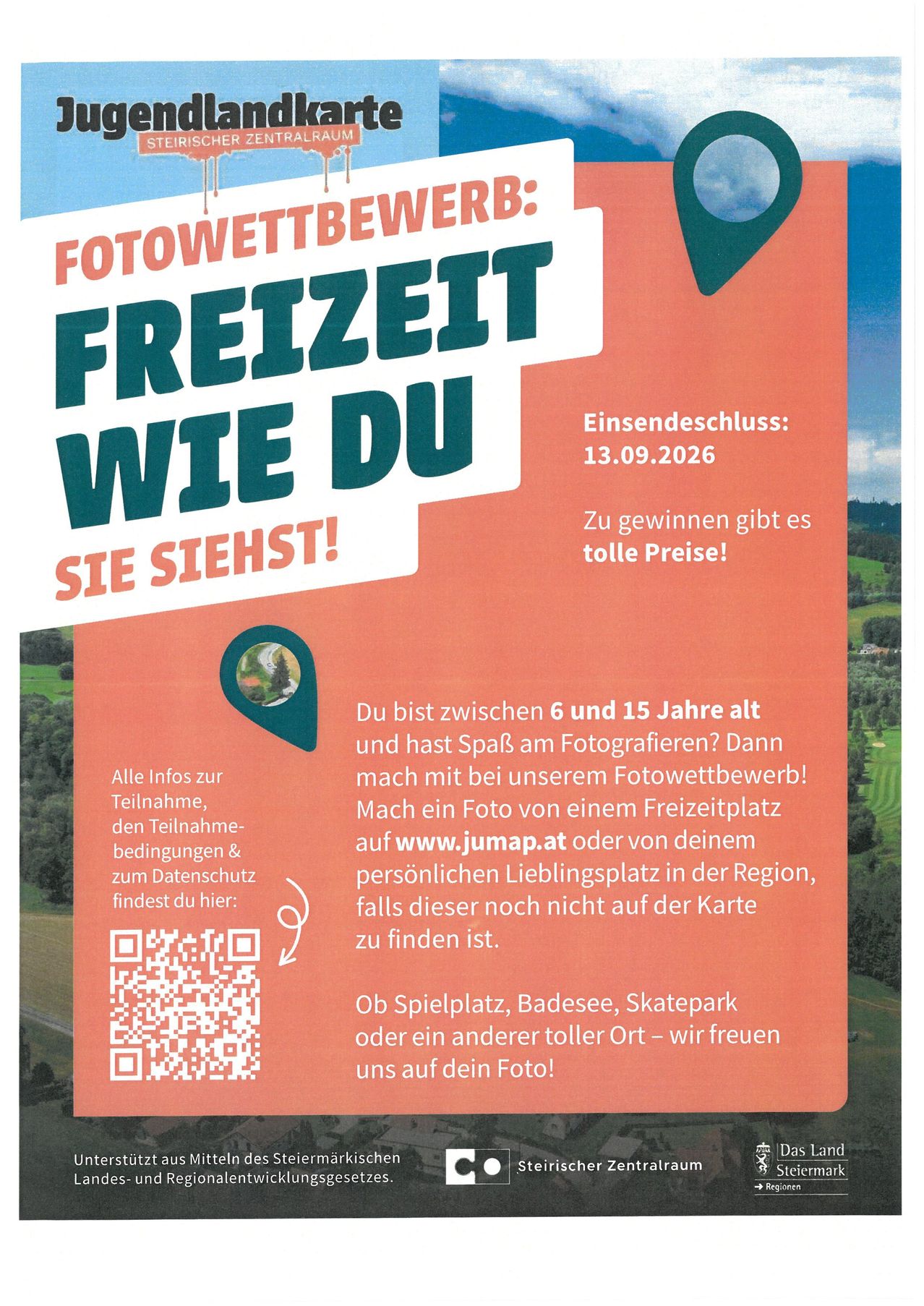 Plakat für einen Fotowettbewerb. Es heißt 'Freizeit wie du sie siehst!' und ermutigt Kinder im Alter von 6-15 Jahren, Fotos ihrer Lieblingsorte einzureichen. Der Einsendeschluss ist der 13.09.2026.