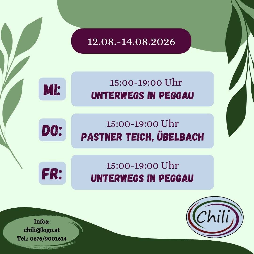 Ein Veranstaltungsplan für den 12. bis 14. August 2026 mit Zeiten und Orten für Aktivitäten in Peggau und Ubelbach.