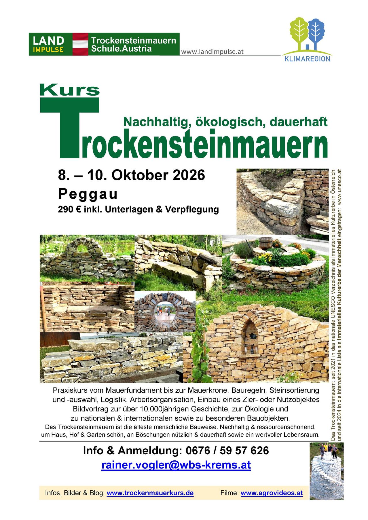 Poster advertising a dry stone masonry course in Peggau, Austria, from October 8-10, 2026. The poster includes images of completed stone walls and a price of 290 euros.