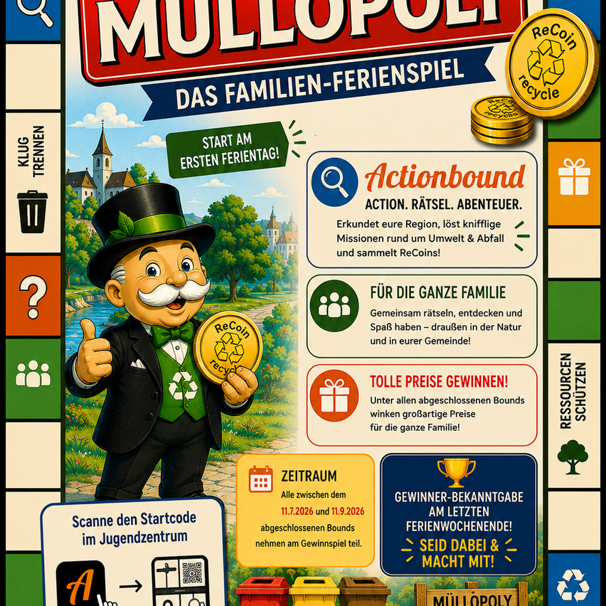A promotional poster for the board game Mullopoly, featuring a character holding a ReCoin, with sections highlighting gameplay, family involvement, and prizes.