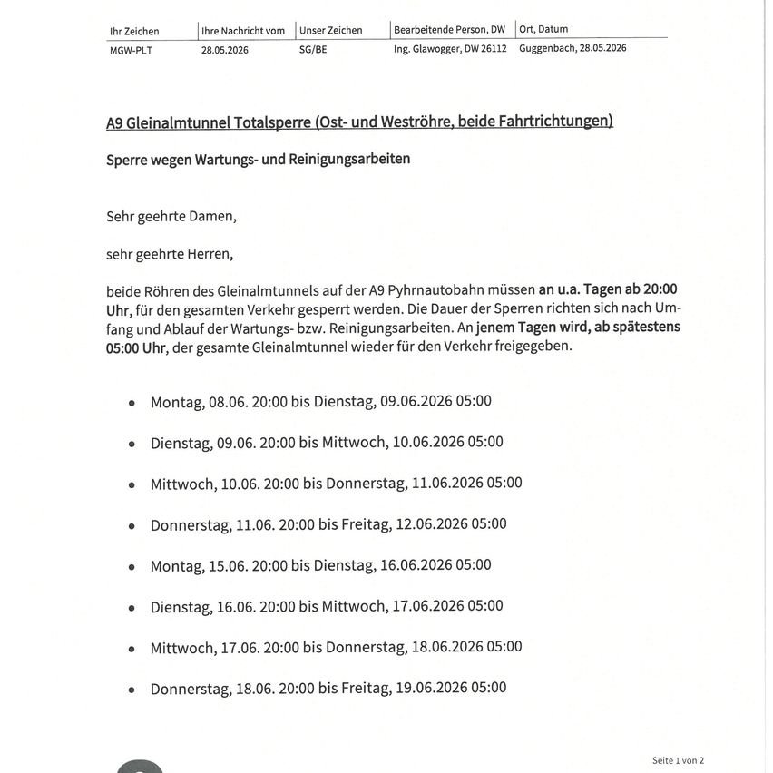 Mitteilung über die vollständige Sperrung des A9 Tunnels. Beide Richtungen betroffen. Sperrung wegen Wartungs- und Reinigungsarbeiten. Totalsperre an bestimmten Tagen von 20 Uhr bis 5 Uhr. Zeitplan aufgeführt.