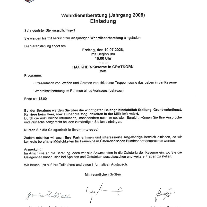 Invitation to the 2008 Wehrdienstberatung (military service consultation). The event will discuss career opportunities, rank, basic military service, and possibilities in the military. You can submit your requests and wishes to the attending officers. Partners and interested individuals are invited to learn about opportunities for women in the Austrian Federal Army. The meeting ends around 6:00 PM.