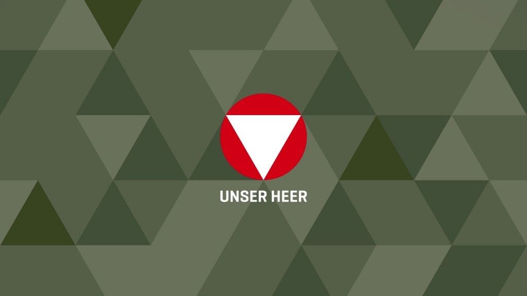 A green geometric background with a red circle containing a white triangle. Below the circle is the text 'UNSER HEER' in white.