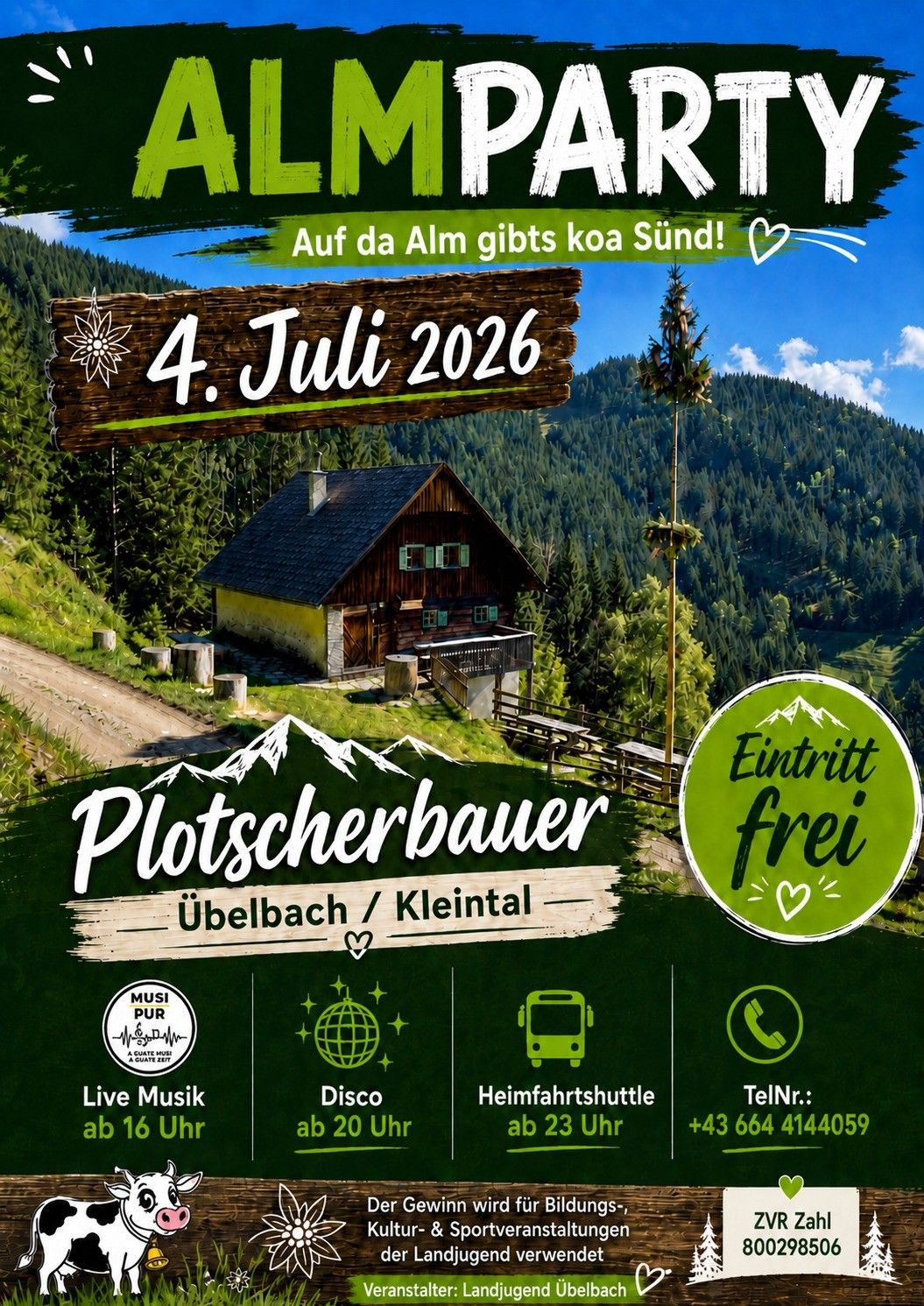 Plakat für Plotscherbauer am 4. Juli 2026. Beinhaltet ein Haus, Berge und Symbole für Musik, global, Shuttle und Telefon. Freier Eintritt.