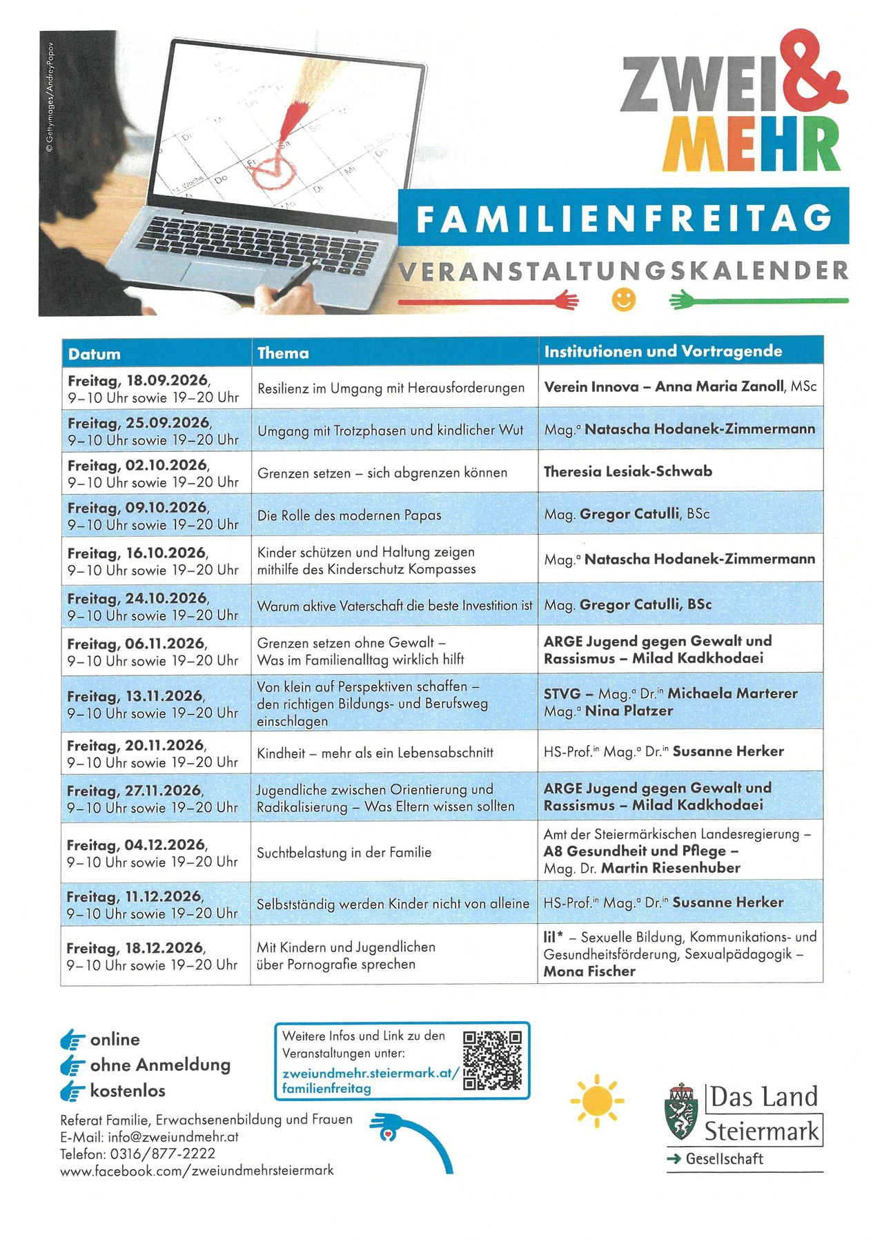 Veranstaltungskalender für FamilienFreitag. Themen wie Resilienz, Grenzen setzen und Kindesschutz. Referenten sind Anna Maria Zanolli, Mag. Natascha Hodanek-Zimmermann und andere. Termine freitags von 9-10 Uhr und 19-20 Uhr.