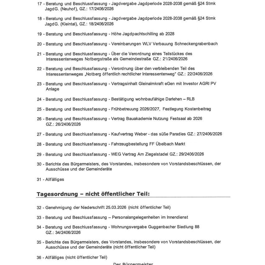 Das Dokument listet verschiedene Beratungs- und Beschlussfassungen für einen Zeitraum von 2026-2038 auf, einschließlich spezifischer Daten und Referenzen. Die Themen reichen von Beratungen zur Jagdsaison bis hin zu Kaufverträgen und Verkehrsvereinbarungen. Einige Abschnitte sind als nicht öffentlich zugänglich gekennzeichnet.