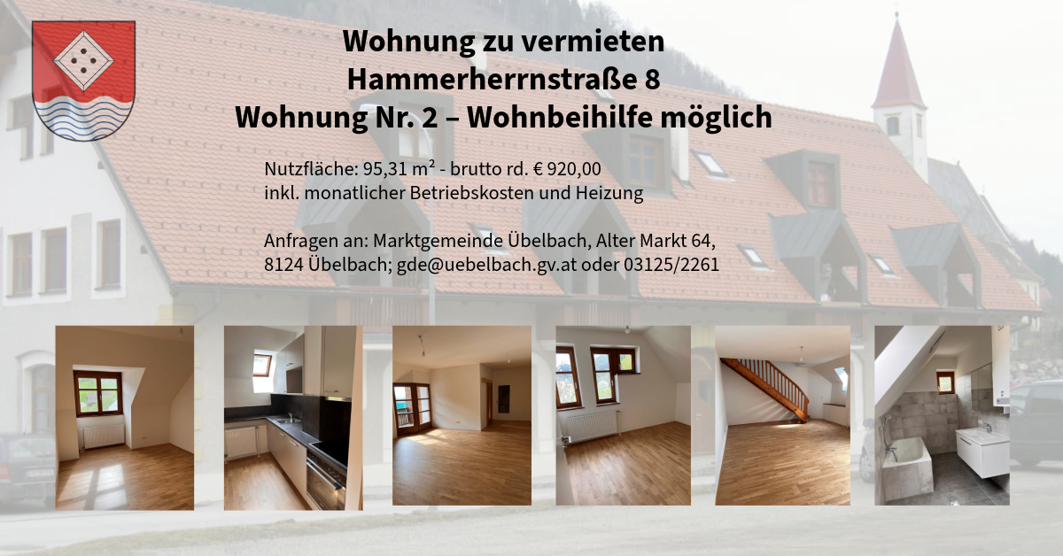 Eine Wohnung zu vermieten an der Hammerherrenstraße 8. Wohnfläche 95,31 m². Miete 920€ inkl. Nebenkosten und Heizung. Kontakt: Marktgemeinde Übelbach.