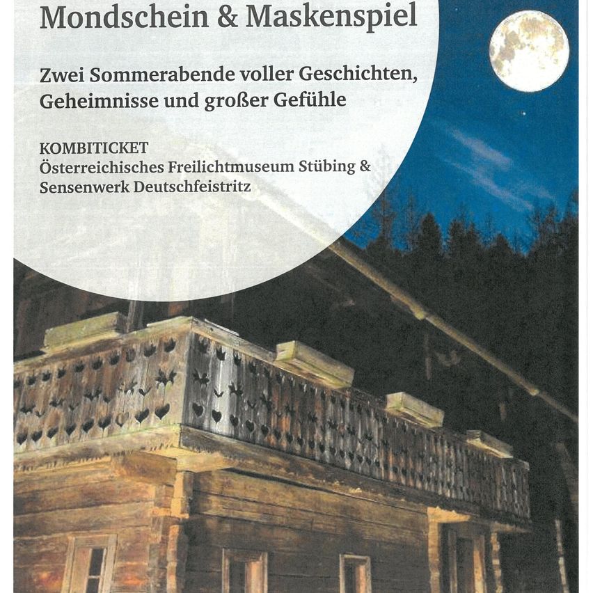 Ein Plakat mit einem Haus im Vordergrund, einem Mond am Himmel und Text über ein Sommerabend-Event.