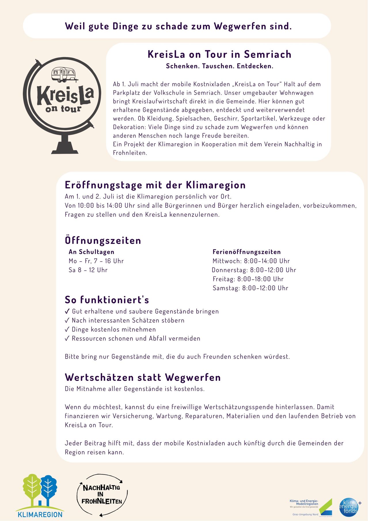 The mobile clothing chest 'KreisLa on Tour' stops at the Volksschule in Semriach from July 1st. It offers a variety of clothing, toys, sports equipment, and other items. Open from July 1st to July 2nd.