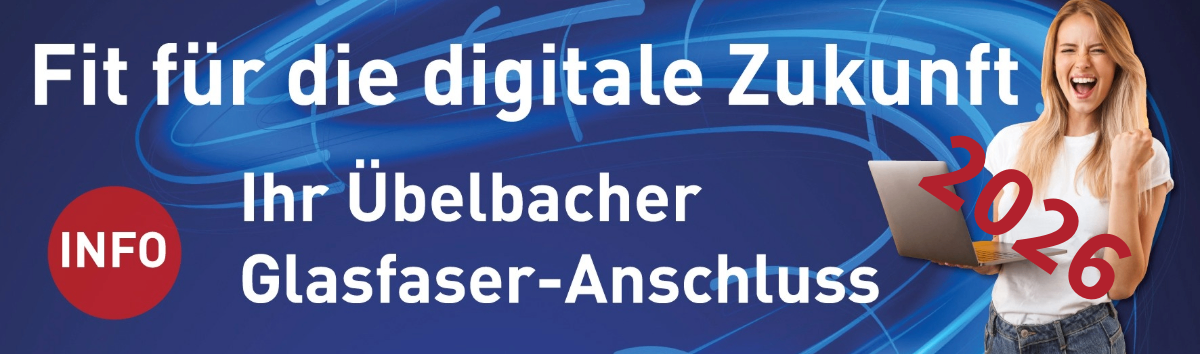 Blue poster with white text reading 'For the digital future. Your fiber optic connection' with a red arrow pointing to a laptop.