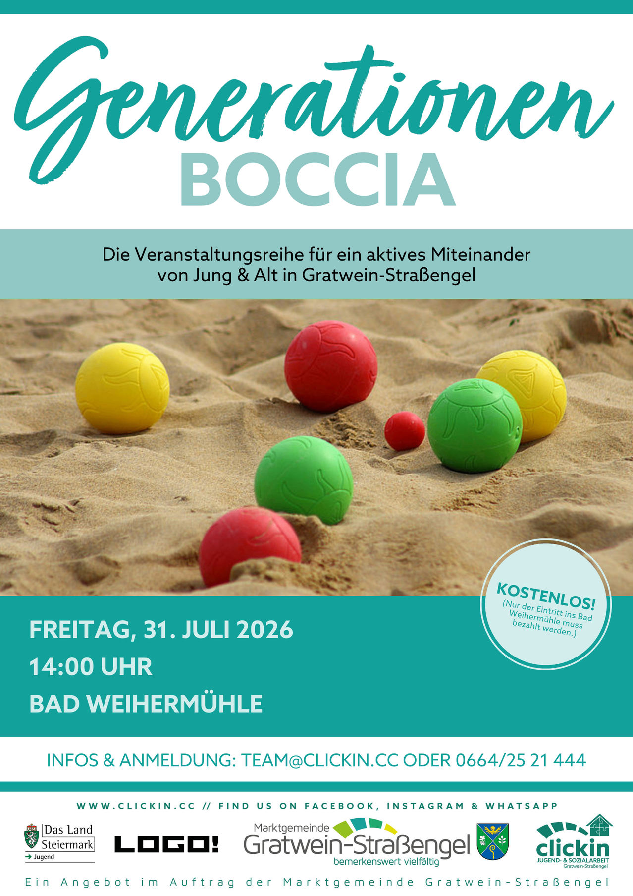 An event poster for 'Junior Boccia' featuring colorful balls on sand. The event is free and will take place on Friday, July 31, 2026 at 2 PM at Bad Weihermühle.