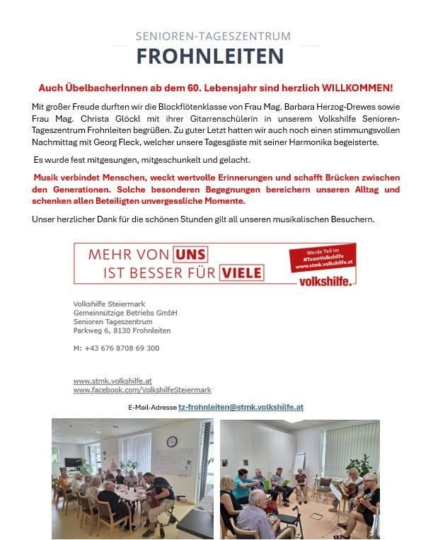An advertisement for the Senioren-Tageszentrum Frohnleiten featuring a group of elderly individuals playing musical instruments, with a focus on the joy and community spirit of the event.