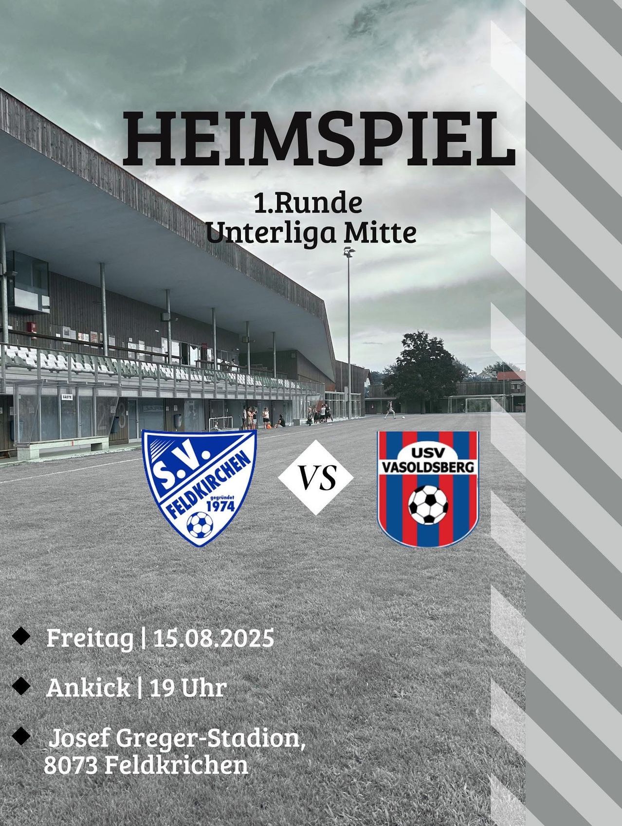Eine Fußballspiel-Ankündigung für die 1. Runde der Unterliga Mitte. Es zeigt zwei Team-Logos und Datum und Uhrzeit des Spiels.