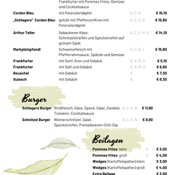 Das Menü bietet Cordon Bleu, Frankfurter und Burger-Optionen mit Preisen. Burger enthalten Schlagers Burger mit Rindfleisch, Käse, Speck und Gemüse. Beilagen umfassen kleine und große Pommes frites sowie Wedges.