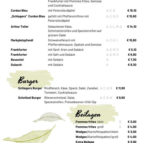Das Menü bietet Cordon Bleu, Frankfurter und Burger-Optionen mit Preisen. Burger enthalten Schlagers Burger mit Rindfleisch, Käse, Speck und Gemüse. Beilagen umfassen kleine und große Pommes frites sowie Wedges.