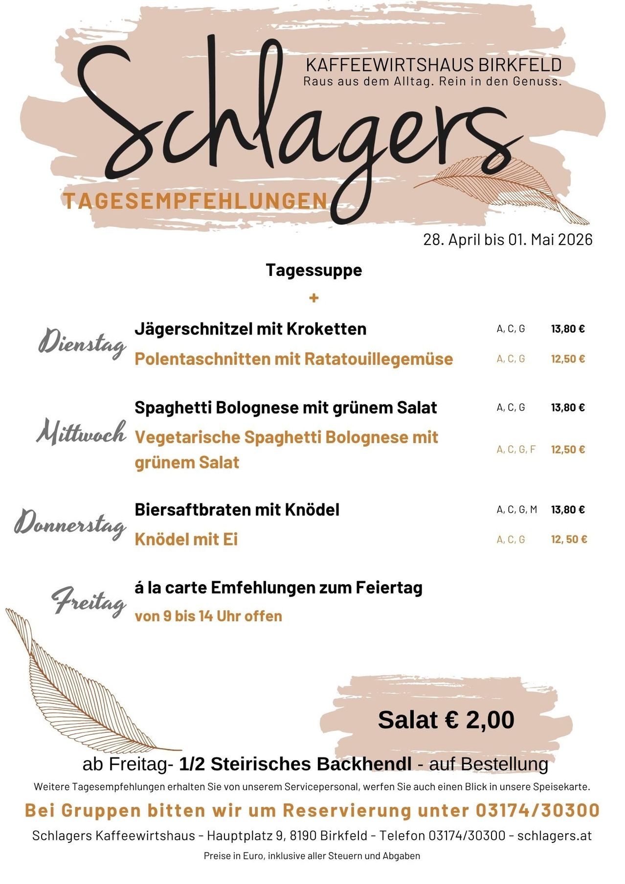 Ein Restaurantmenü vom 28. April bis 1. Mai 2026 mit täglicher Suppe, Fleischgerichten und vegetarischen Optionen zu Preisen. Salat kostet 2,00 Euro.