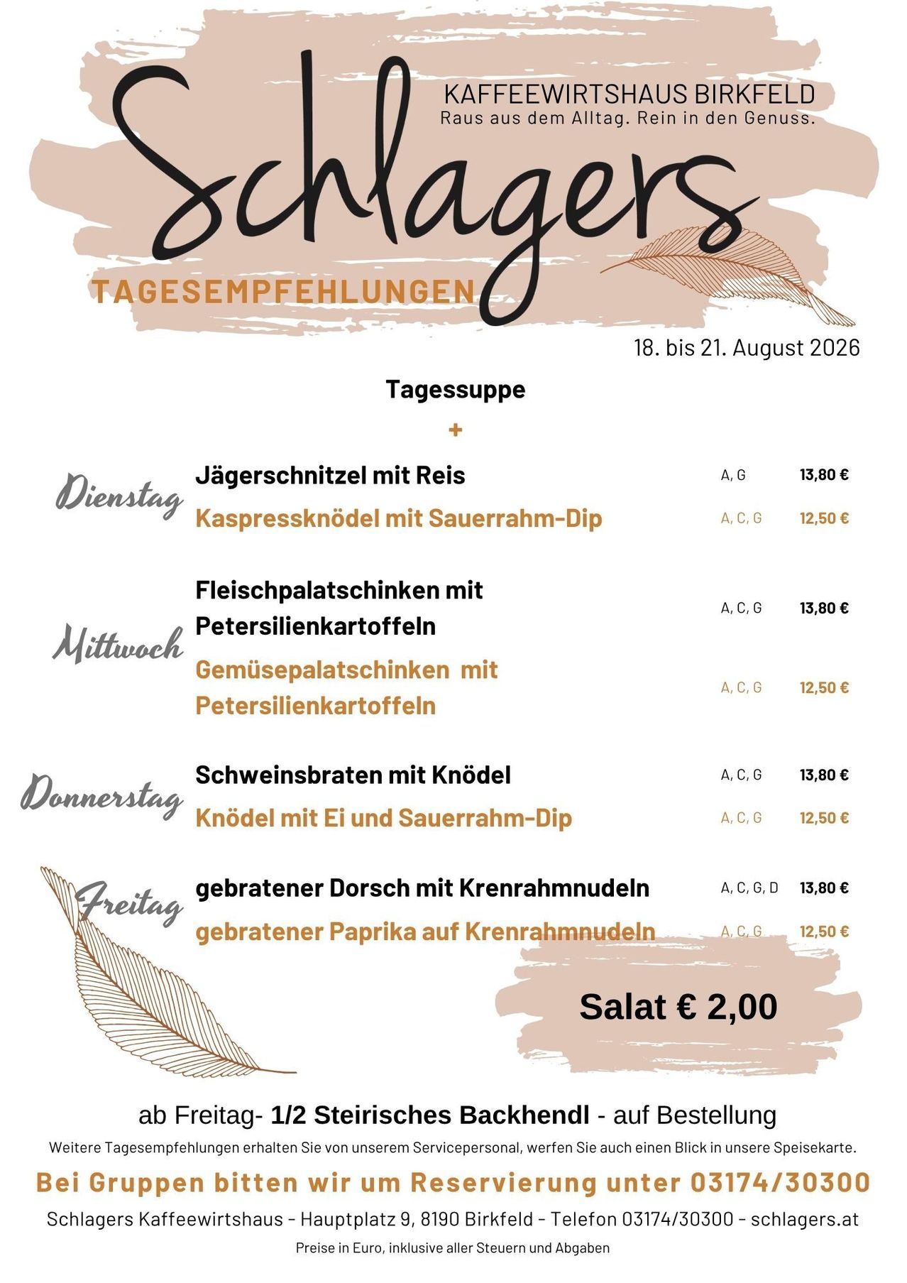 A menu for a restaurant offering various dishes from August 18 to 21, 2026. Each dish is listed with its name, ingredients, and price. The menu includes options like hunter's platter with rice, meat and vegetable palatschinken with parsley potatoes, and more.