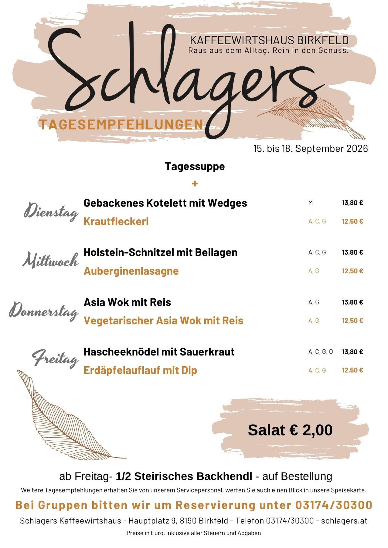 Ein Restaurantmenü mit verschiedenen Gerichten und deren Preisen für die Tage von Dienstag bis Freitag. Das Menü umfasst Optionen wie paniertes Schnitzel mit Pommes, Holstein-Schnitzel mit Beilagen und asiatisches Wok mit Reis. Jedes Gericht ist mit Optionen für Fleisch und Vegetarisch bepreist.