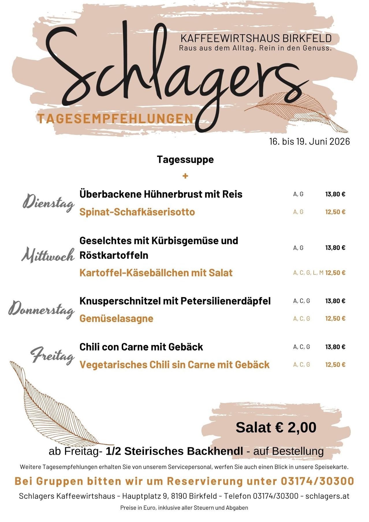 Ein Menü für die Tage vom 16. bis 19. Juni 2026. Jede Mahlzeit hat einen Preis und beinhaltet Optionen wie Hühnerbrust, Spinat, Käsebällchen und mehr. Salat kostet 2 Euro.