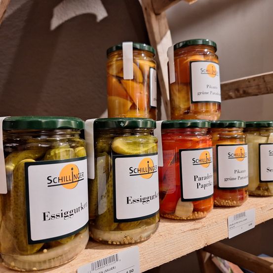 Ein Holzregal zeigt mehrere Gläser mit Gewürzgurken und eingelegtem Gemüse. Jedes Glas hat ein Etikett, das den Inhalt angibt, wie Essiggurken, Paradies Paprika und Pikante grüne Paprika.