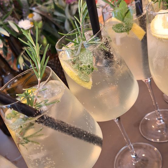 Vier klare Gläser, gefüllt mit einem leichten Getränk, garniert mit Rosmarin, Zitronenscheiben und Minzblättern. Der Hintergrund ist unscharf mit Pflanzen und Blumen.