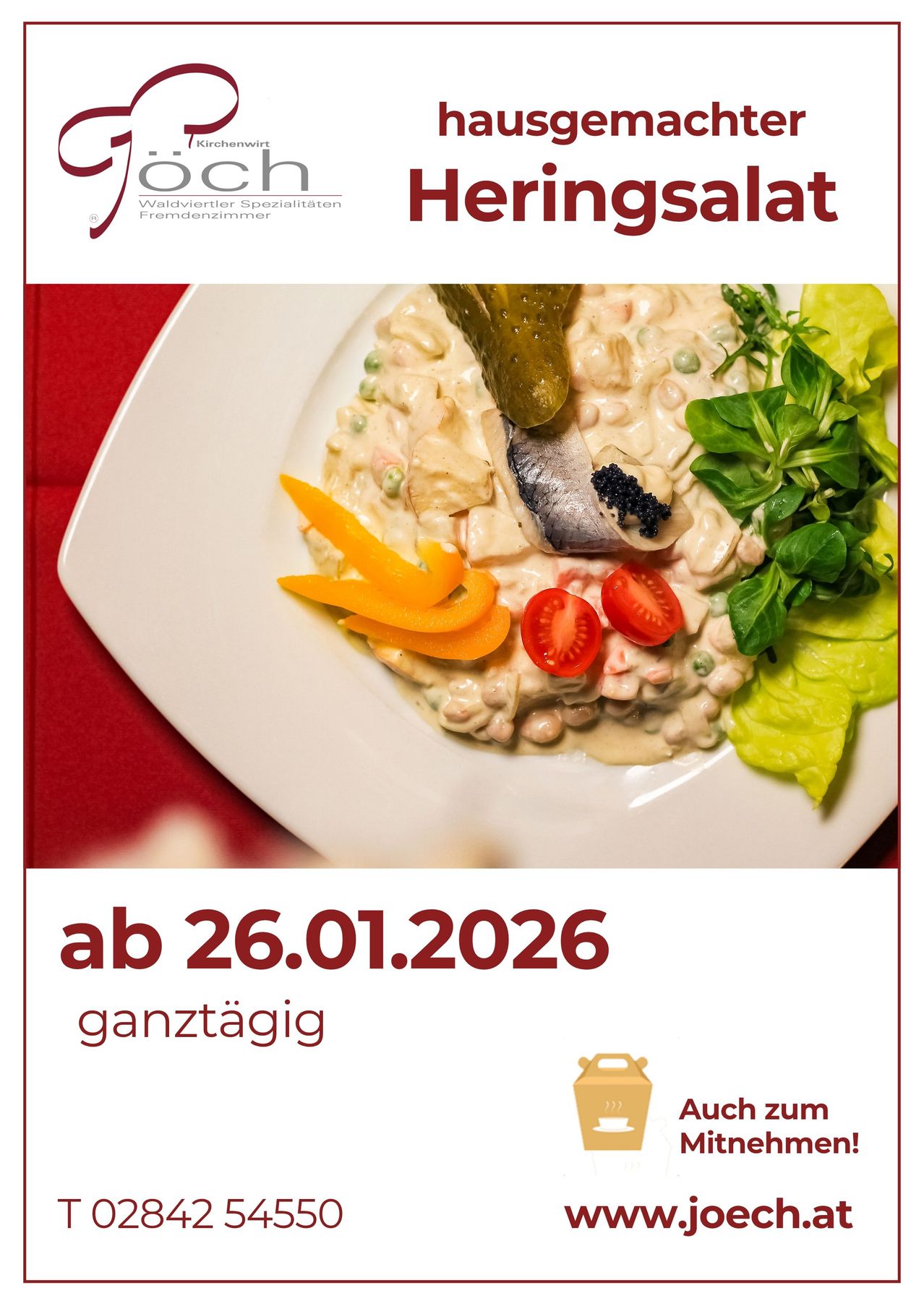 Ein Teller mit Heringsalat mit Bohnen, Gurken und Gemüse. Datum vom 26.01.2026. Den ganzen Tag verfügbar.