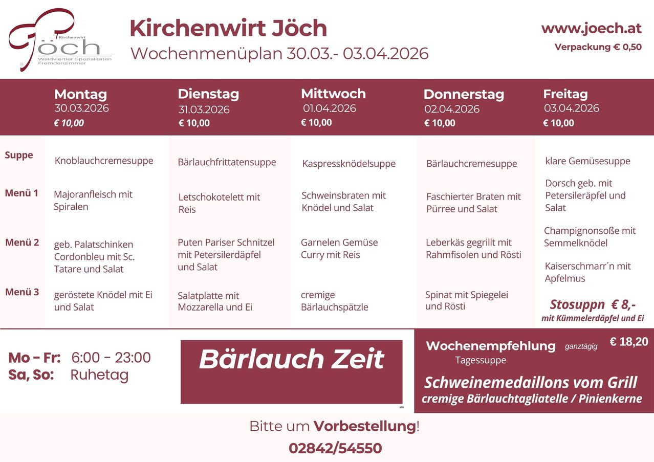 Wochenmenüplan für die Joch Kirche vom 30.03. bis 03.04.2026. Dienstag: 31.03.2026, €10. Mittwoch: 01.04.2026, €10. Donnerstag: 02.04.2026, €10. Freitag: 03.04.2026, €10. Die Mahlzeiten bestehen aus Suppen, Hauptgerichten und Desserts.