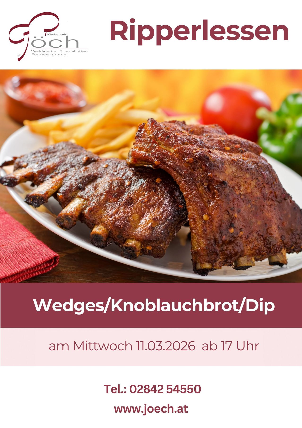 Barbecue pork ribs with wedges, garlic bread, and dip on a white plate with a tomato, red sauce, and green pepper. Date: 11.03.2026, Time: 17:00.